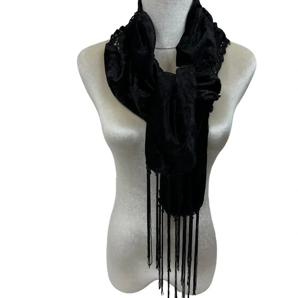 Whimsigoth Black Velvet Lace Fringe Scarf, Vintage Elegance